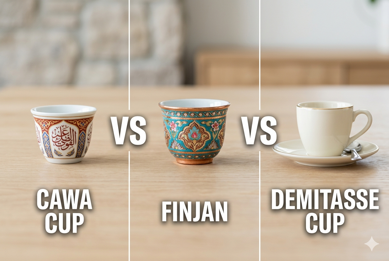 awa cup vs Finjan vs Demitasse comparison — three Arabic and European coffee cups side by side